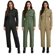 Womens Rompers Solid Color Jumpsuit Front Zipper Costume Casual Long Sleeve