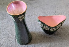 Vintage Maling Pottery Green Lustre Rose Marie Pair - Vase 146 & Bowl 142 1950s.