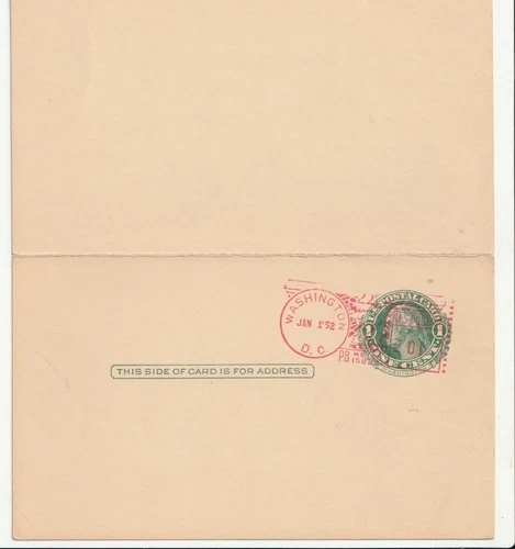 January 1 1952 UY Reply card First Day of 2 cent postcard rate Washington DC