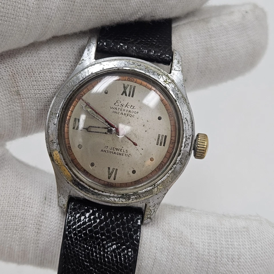 ESKA VINTAGE ATORNILLADO ACERO 17J CUERDA MANUAL HERMOSA ESFERA ROMANA 2 TONOS Foto 2 de 4