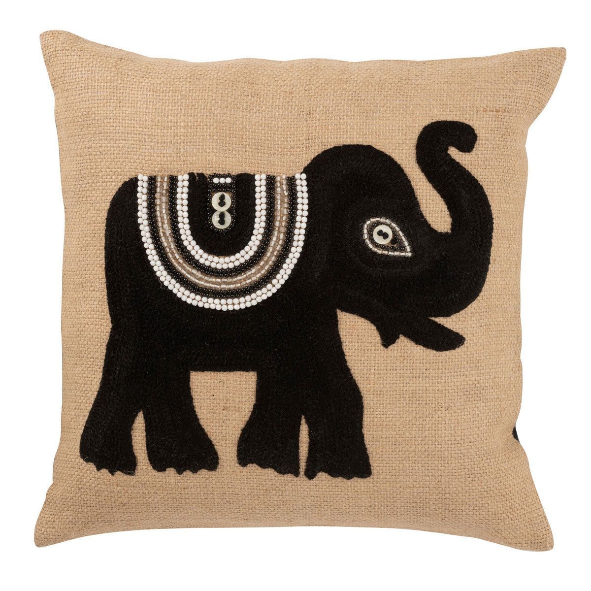 Coussin en jute éléphant 45x45 cm brodé pour décoration raffinée