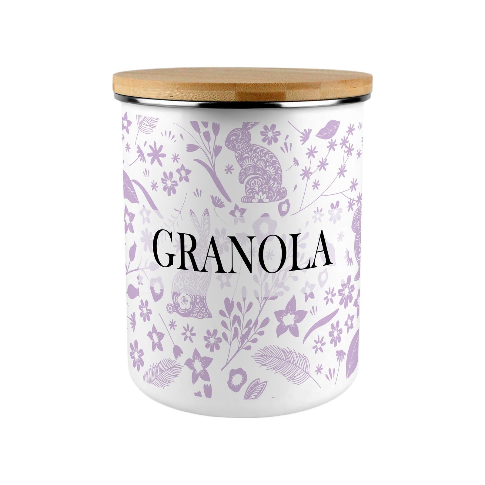 Lilac Rabbits Granola Storage Canister - XL Enamel Container Home Gift