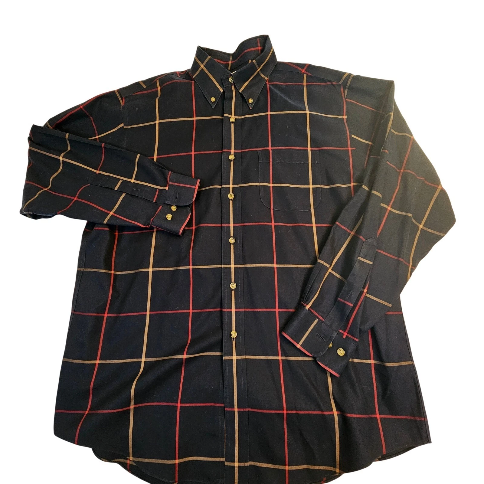 Brooks Brothers Mens Large Regular Fit Non-Iron Cotton Windowpane Shirt Navy Red