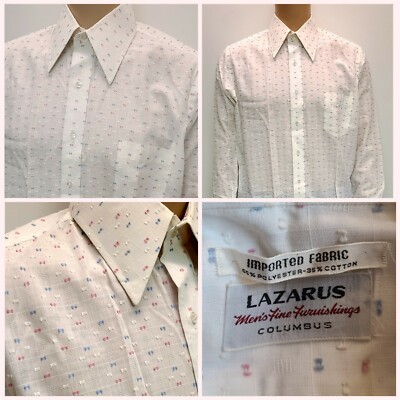 Vtg 60s 70s Lazarus Button White/Blue/Pink Embroidered Shirt Mens 16-35 ~ NWOT 