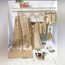 - Satin Pajama Lingerie Set of 4 Pieces Robe Slip Cami Top Shorts