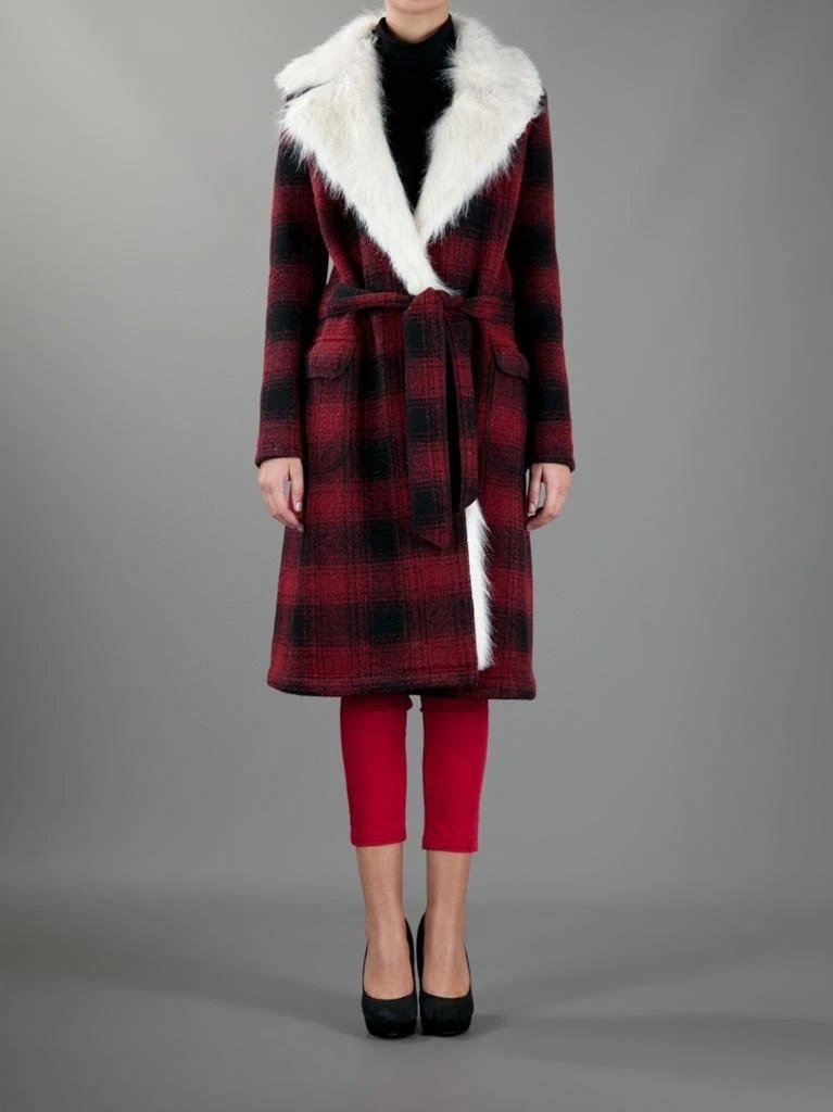 Cappotto a quadretti Love Moschino ROSSO a quadretti medio colletto scialle pelliccia sintetica NUOVO