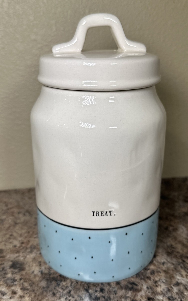 Rae Dunn Artisan Collection TREAT Blue Black Polka Dot Canister By