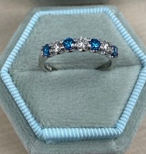 Round Simulated London Blue Topaz Half Eternity Band Ring 14k White Gold Plated