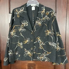 FDJ French Dressing Wool Blend Blazer Size 12 Gray Floral Embroidered Jacket