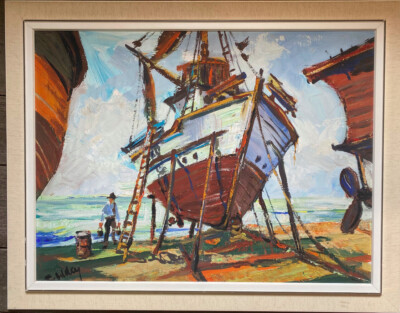 Oil Paintings Boats Harbor Dock Men At The Dock Illegibly Signed Frame Beach