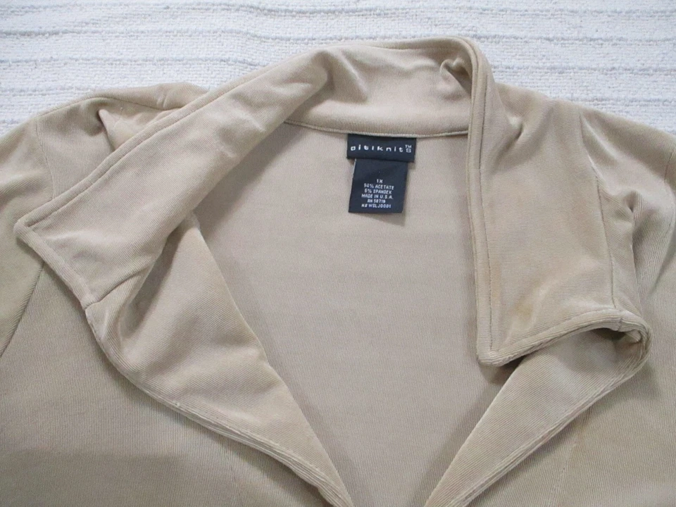 Chaqueta Citi Knits para mujer 1X beige corbata abierta manga larga cuello elástico acetato Foto 2 de 4