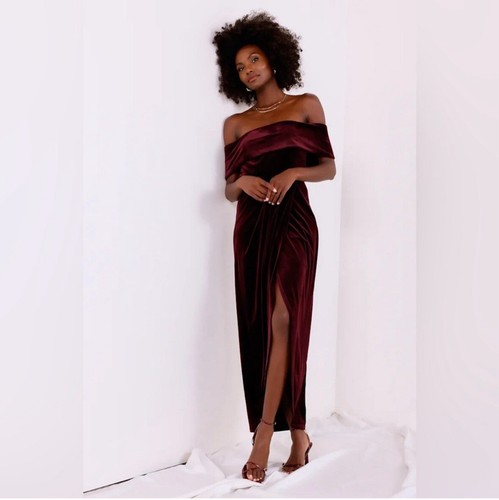 Lulus I'm Enchanted Burgundy Velvet Off-the-Shoulder Maxi Dress Large Wedding - Picture 2 of 16