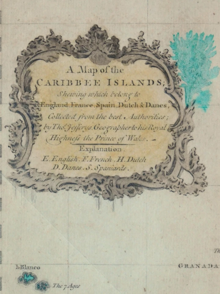 Редкая антикварная карта Карибские острова 1756 Карибский бассейн Тос. Jefferys ручной цвет - Изображение 2 из 4