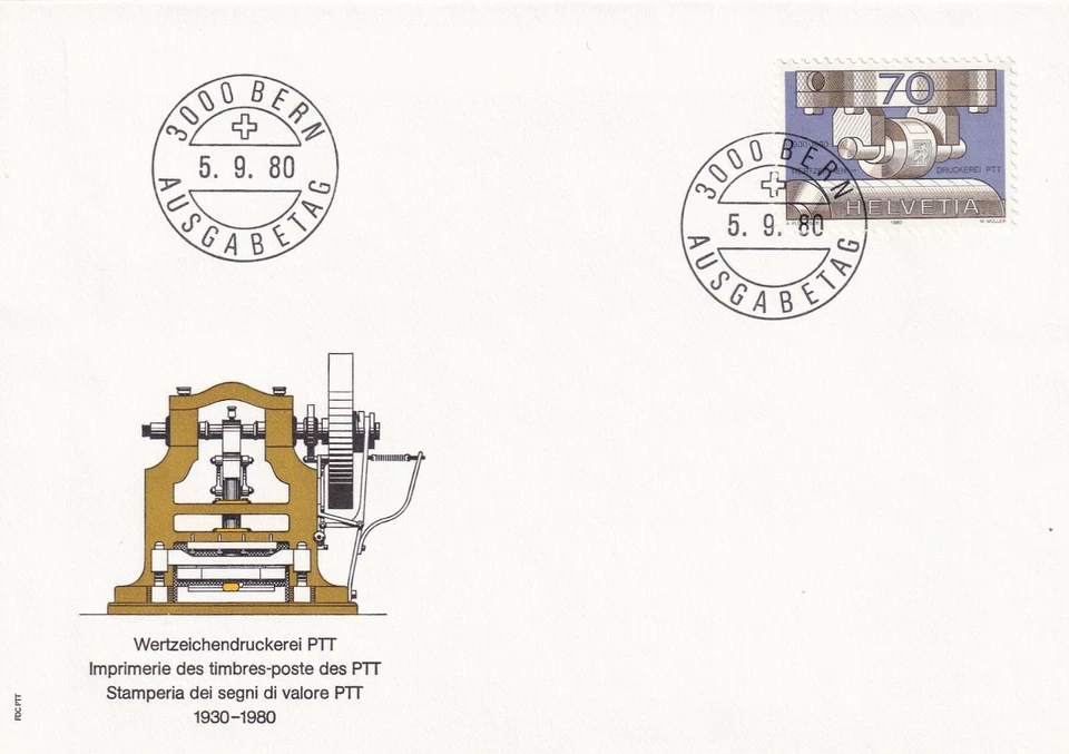 ШВЕЙЦАРИЯ 1980 ПЕРВЫЙ ДЕНЬ ОБЛОЖКА, БЕЗОПАСНОСТИ ПЕЧАТИ ЗАВОДА 50-ЛЕТИЕ. СТОЛЕТИЕ - Изображение 2 из 4