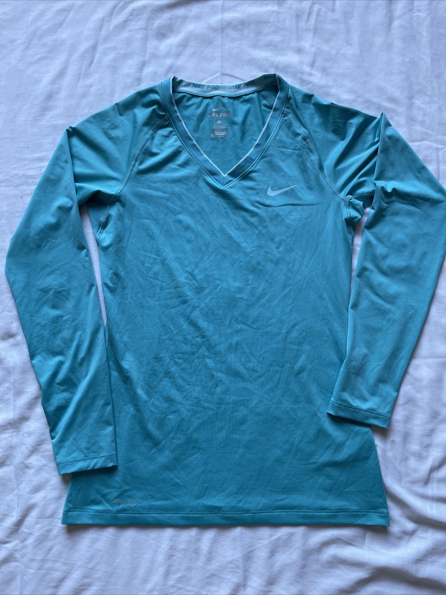 NIKE PRO Women V-neck Long Sleeves Core Fitted Shirt Dri-Fit Size