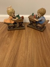 Vintage Ceramic Figurines Girl And Boy At Desk Book Ends