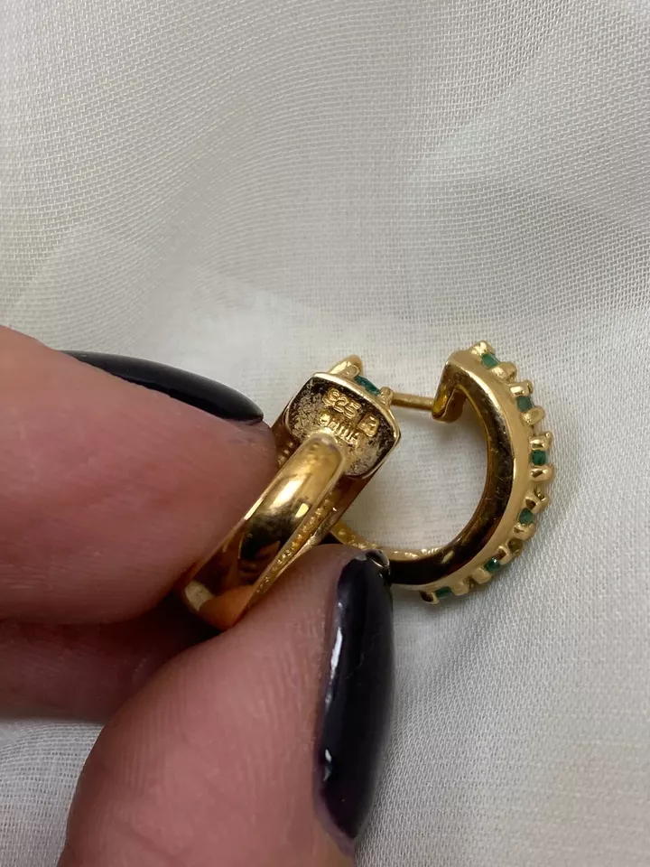 Natural Vintage Emerald Hoop Earrings 1.4Ct Round  14K Yellow Gold Plated - Image 3 of 4