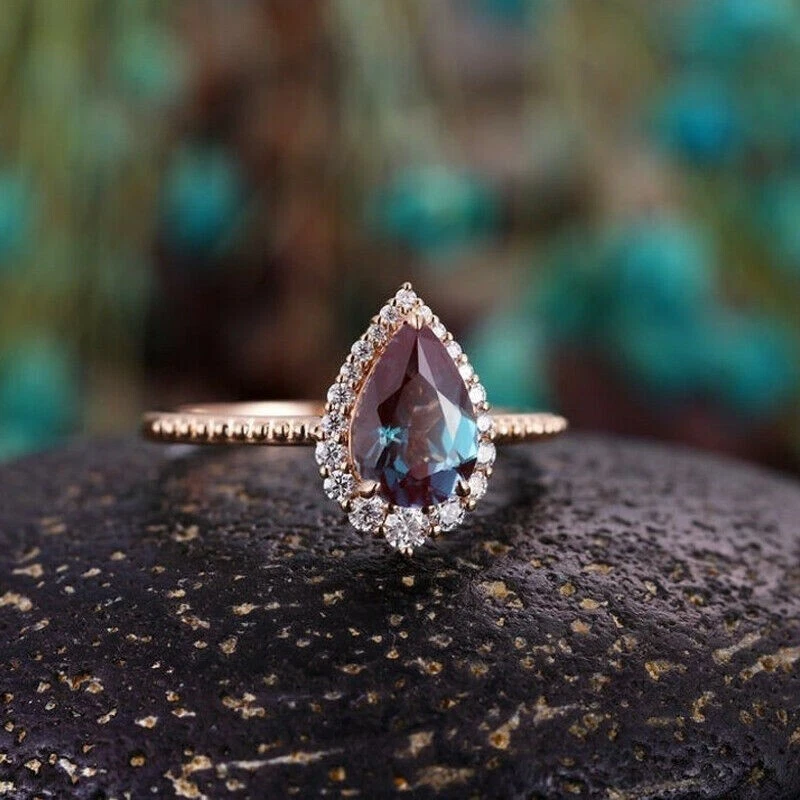 14K Rose Gold Three Stone Pear Shaped Alexandrite Engagement Ring