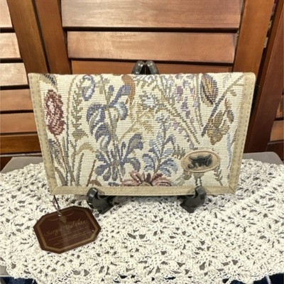 Sergio Valente Vintage Floral Tapestry Leather Fabric Trifold Wallet Beige