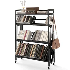 Book Carts with Wheels, Library Rolling Book Cart 4 Tier Movable Bookshelf Mo...
