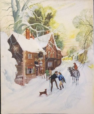 Vtg Christmas  Greeting Card Beautiful Snow Covered Scene Folks Meet & Greet Dog