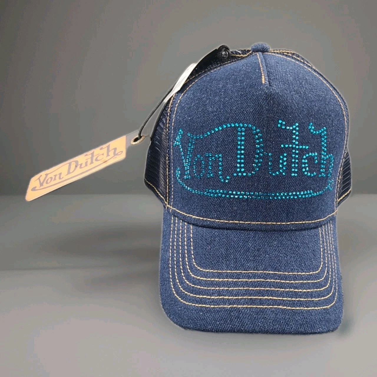 Von Dutch Navy Denim Rhinestone Logo Trucker Hat One Size Fits Most NWT