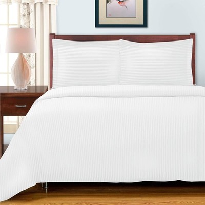 Egyptian Cotton 600 Thread Count Stripe Duvet Cover, Full/Queen, White, 3-Pie...