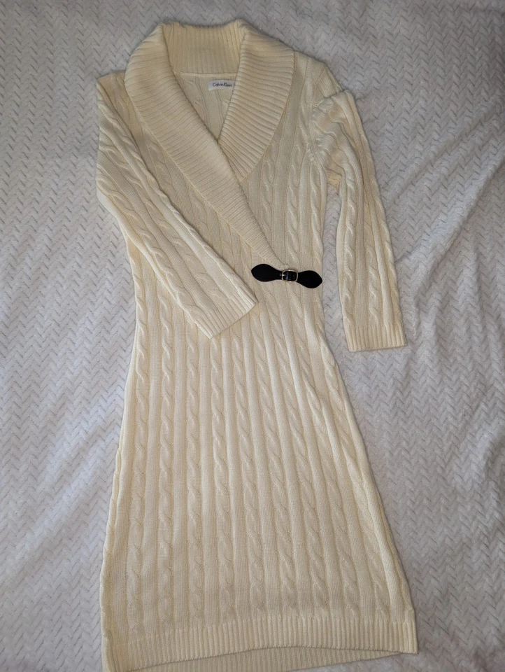 Mujer CALVIN KLEIN - Crema Mantequilla - Tejido con Cable - Suéter Pullover - Vestido Talla S Foto 2 de 4