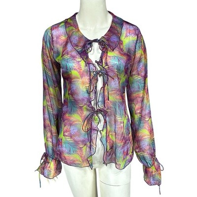 Urban Outfitters Shirt Womens Small Sheer Multicolor Feather Print Rainbow