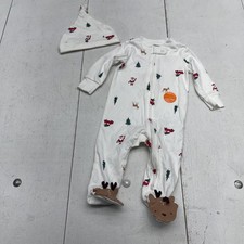Carters Just One You Pajamas Baby 6M White Christmas Reindeer Footed Sleeper Hat
