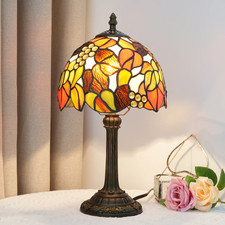 Vintage Tiffany Style Maple Leaf Grape Stained Glass Table Lamp Reading Light