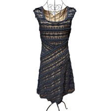 Sleeveless Lace-Striped Cotton Blend A-Line Dress in Black and Nude Medium