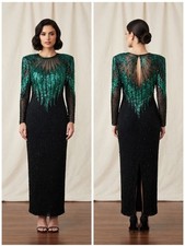 Alyce Designs Women’s 12 Black Silk Beaded Sequin Teal Green Gown Vintage Dress