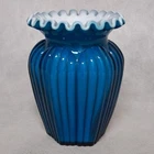 Fenton Jamestown Ribbed Overlay Teal Blue White Vase 5" Tall Crimped Lip