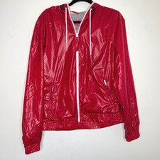Aeropostale Mens Red Shiny Windbreaker Jacket Hooded Full Zip Lined Medium