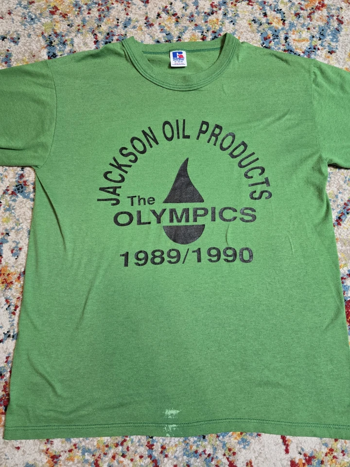 Camiseta Vintage 1989 Jackson Oil Products Juegos Olímpicos Talla Mediana Verde Russell  Foto 2 de 4