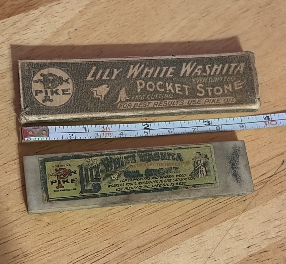 An antique Pike Lily White Washita oilstone — a pre-industrial-era sharpening stone that serious knife and tool collectors genuinely hunt for; functional history in your hand.