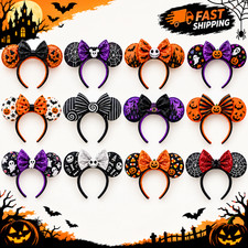 Disney Parks 2026 Halloween Mickey Minnie Pumpkin Ears Sequin Bow Headband - NEW