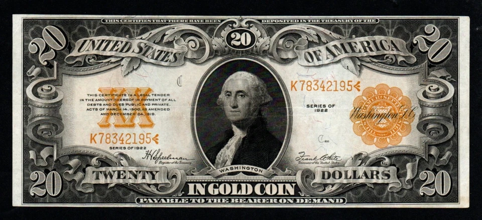 $20 1922 CRISP VF+/XF GRAN TAMAÑO ¡CERTIFICADO DORADO! Foto 2 de 3