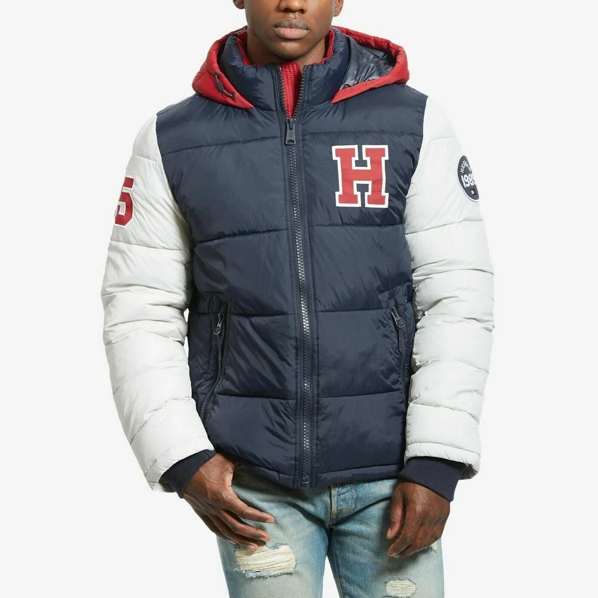 Mens Tommy Hilfiger Varsity Hooded Puffer Jacket Coat, Size Small