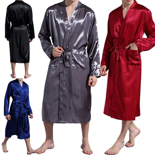 Men's Satin Silk Bathrobe Long Sleeve Kimono Robes Lounge Pajamas Sleepwear New - Picture 1 of 48