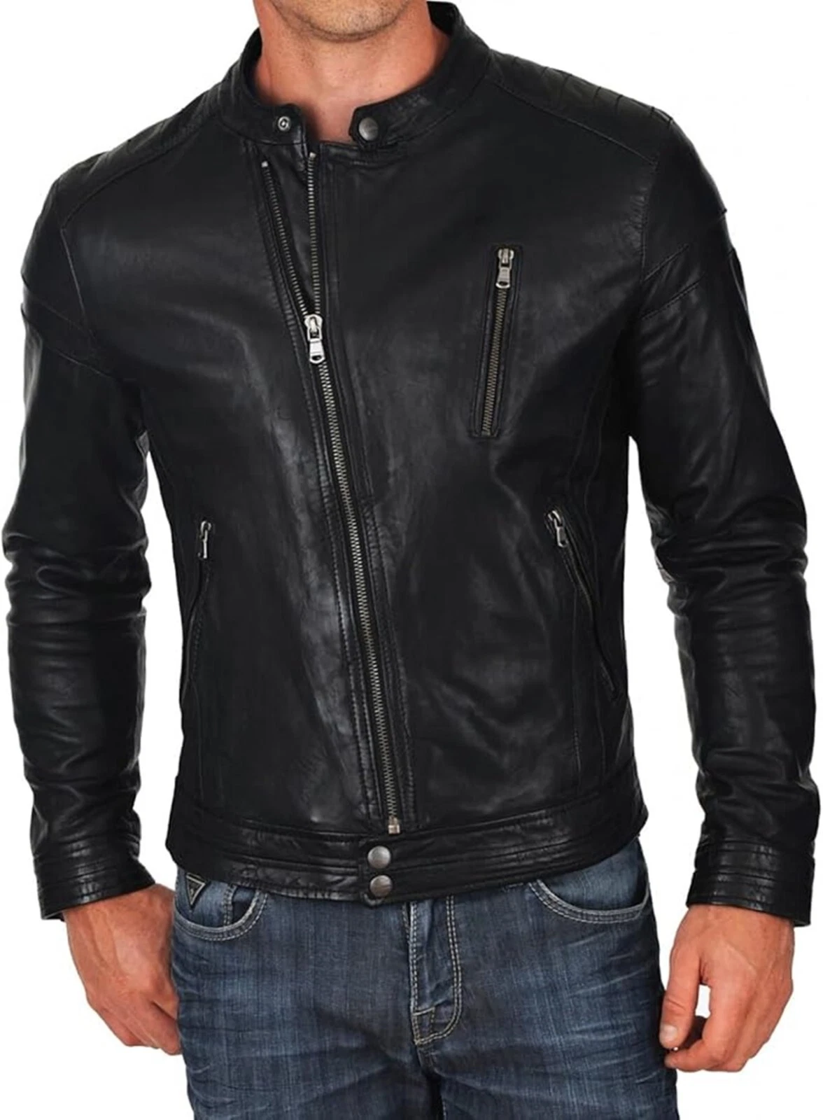 Men's Black Leather Jacket Lambskin Genuine Biker Real Men Motorcycle Grey Blue