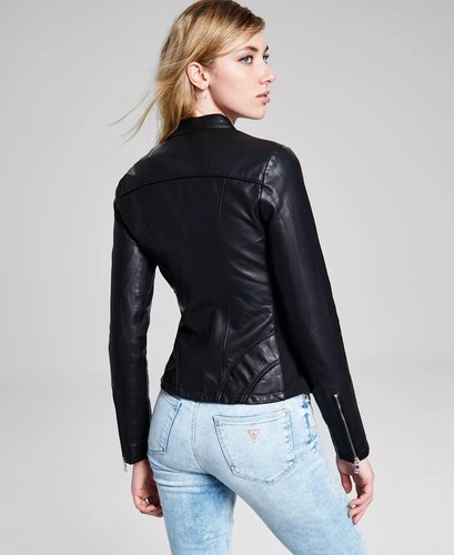 Guess Black Faux Leather Motorcycle Jacket L62209 Womens Size XL - Picture 3 of 4