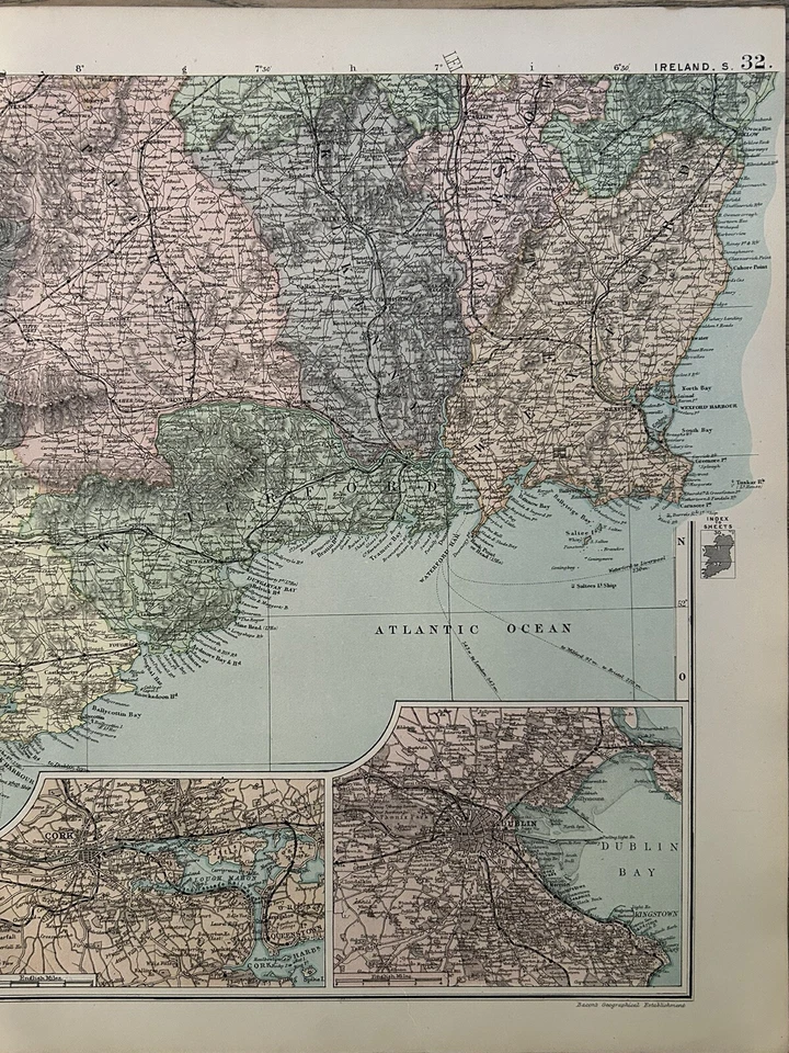1893 South Ireland with insets of Cork & Dublin Antique Map by G.W. Bacon - Image 3 of 3