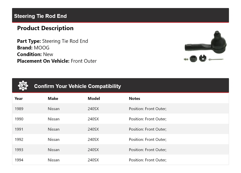 Para Nissan 240SX 1989-1994 extremo de barra de dirección exterior delantero MOOG 1989 1990 1991 Foto 2 de 4