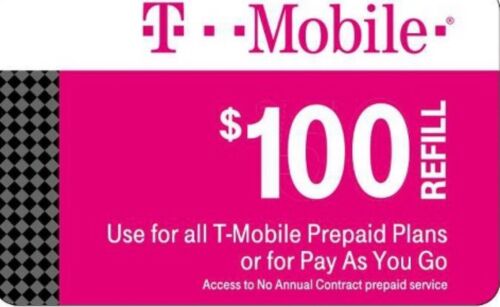 T-Mobile $100 Prepaid Refill Card, Air Time Top-Up/Pin RECHARGE(Direct) - Picture 1 of 1