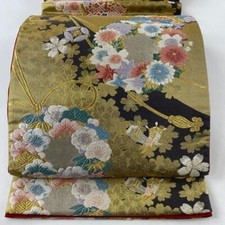 Woman Japanese Kimono Fukuroobi Silk Flower Circle Butterfly Gold Silver Foil