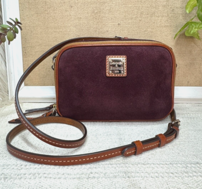 Dooney & Bourke Suede Sawyer Double Zip Compartment in PLUM