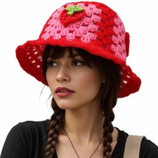 Strawberry Hat Crochet Floral Bucket Hat Foldable Cute Pink Beret Women