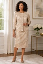 Kasper Champagne Jacquard 2-Piece Skirt Suit Women's Size 10 Elegant